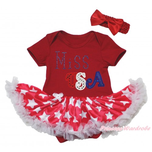 American's Birthday Red Baby Bodysuit Jumpsuit Patriotic American Star Pettiskirt & Sparkle Rhinestone Miss USA Print JS5082