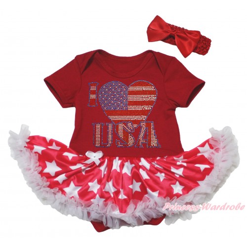 American's Birthday Red Baby Bodysuit Jumpsuit Red Patriotic American Star Pettiskirt & Sparkle Rhinestone I Love USA Print JS5083