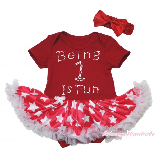 Red Baby Bodysuit Patriotic American Star Pettiskirt & Sparkle Rhinestone Being One Is Fun Print JS5084