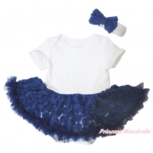 White Baby Bodysuit Navy Blue Rose Pettiskirt JS5093