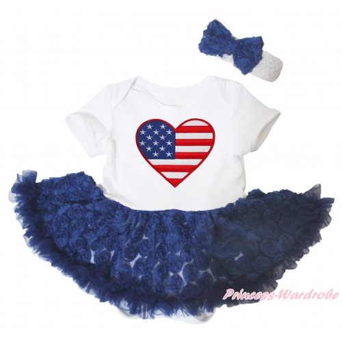American's Birthday White Baby Bodysuit Jumpsuit Navy Blue Rose Pettiskirt & Patriotic American Heart Print JS5094