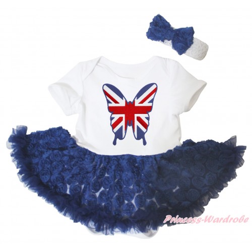 White Baby Bodysuit Navy Blue Rose Pettiskirt & British Butterfly Print JS5096