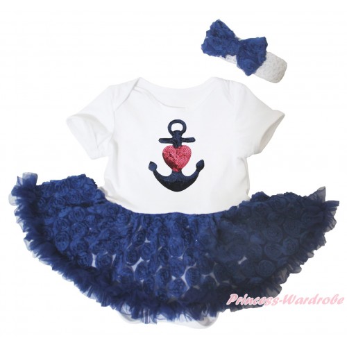 White Baby Bodysuit Navy Blue Rose Pettiskirt & Anchors Print JS5098