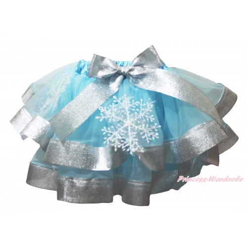Snowflakes Light Blue & Sparkle Silver Grey Trimmed Newborn Baby Pettiskirt & Bow N290
