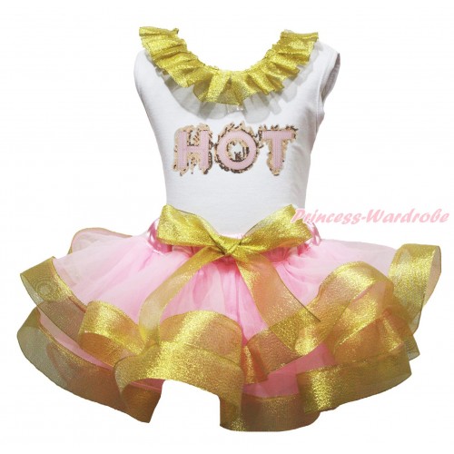 White Baby Tank Top Sparkle Gold Lacing & Sparkle Sequins Pink HOT Print & Light Pink Sparkle Gold Trimmed Baby Pettiskirt NG2004