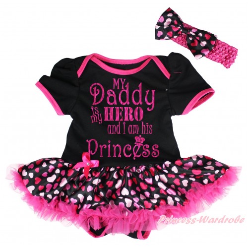 Father's Day Black Bodysuit Hot Light Pink Heart Pettiskirt & My Daddy Is My Hero And I Am His Princess Painting JS5147