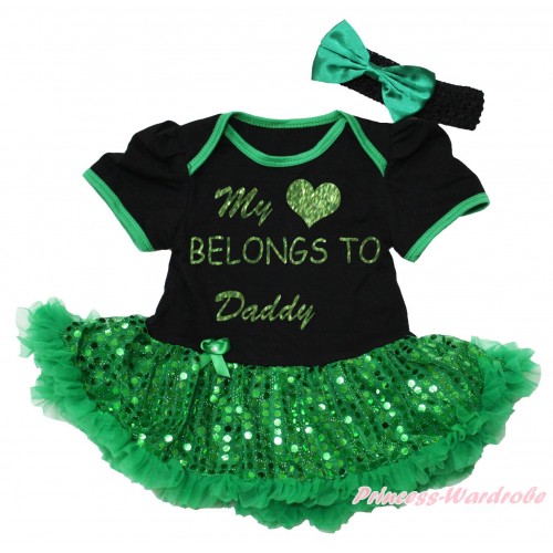 Father's Day Black Baby Bodysuit Bling Kelly Green Sequins Pettiskirt & My Love Belongs To Daddy Painting JS5151