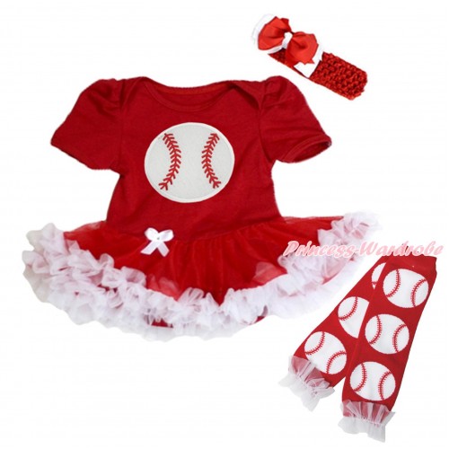 Red Baby Bodysuit White Red Pettiskirt & Baseball Print & White Ruffles Baseball Red Leg Warmer Set JS5155