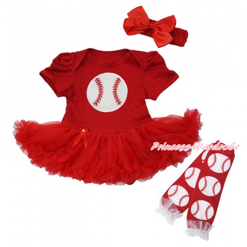 Red Baby Bodysuit Pettiskirt & Baseball Print & White Ruffles Baseball Red Leg Warmer Set JS5156