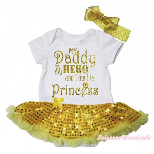 Father's Day White Baby Bodysuit Bling Yellow Sequins Pettiskirt & My Daddy Is My Hero And I Am His Princess Painting JS5157
