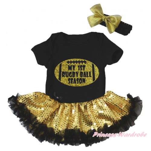 Black Baby Bodysuit Bling Gold Sequins Black Pettiskirt & My 1st Rugby Ball Season Painting JS5177