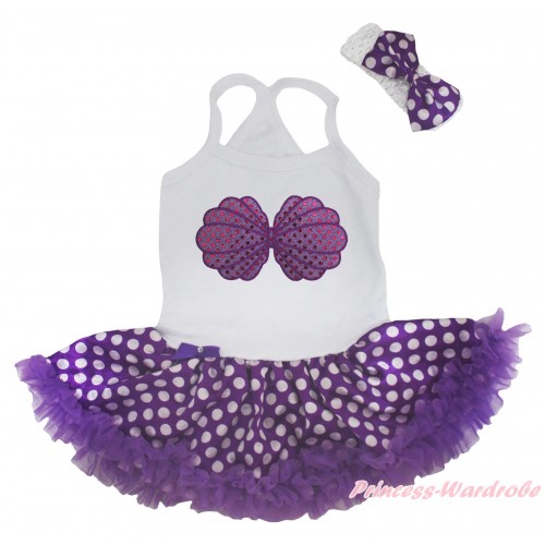 White Baby Halter Jumpsuit & Mermaid Sea Shell Bra Print & Purple White Dots Pettiskirt JS5181