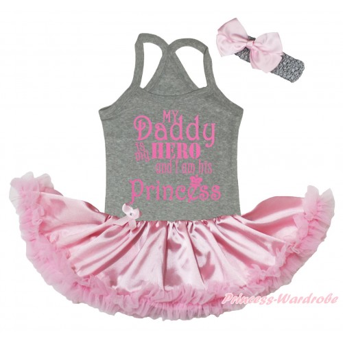 Father's Day Grey Baby Halter Jumpsuit & My Daddy Is My Hero And I Am His Princess Painting & Light Pink Pettiskirt JS5184