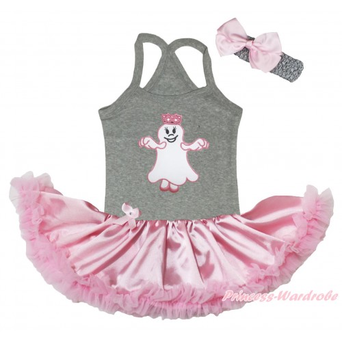 Halloween Grey Baby Halter Jumpsuit & Princess Ghost Print & Light Pink Pettiskirt JS5187