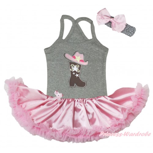 Grey Baby Halter Jumpsuit & Cowgirl Hat Boot Print & Light Pink Pettiskirt JS5188