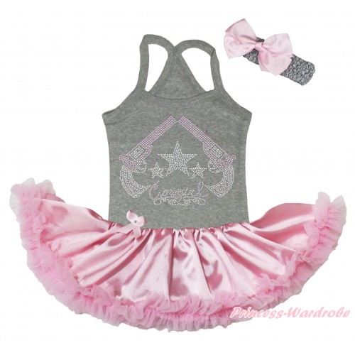 Grey Baby Halter Jumpsuit & Sparkle Rhinestone Cowgirl Print & Light Pink Pettiskirt JS5191