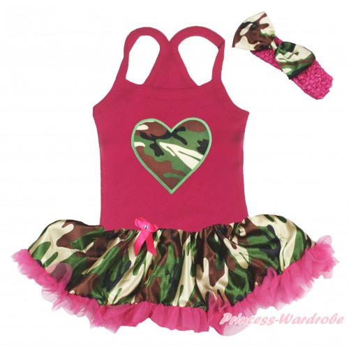 Valentine's Day Hot Pink Baby Halter Jumpsuit & Camouflage Heart Print & Camouflage Hot Pink Pettiskirt JS5208