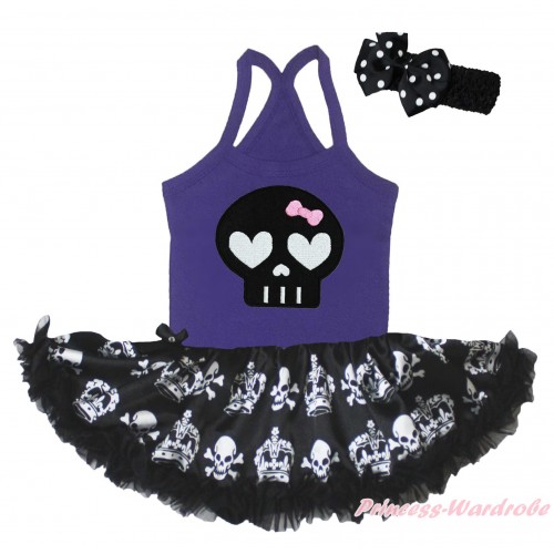 Halloween Dark Purple Baby Halter Jumpsuit & Black Skeleton Print & Black Crown Skeleton Pettiskirt JS5216