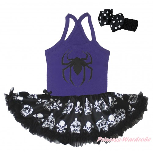 Halloween Dark Purple Baby Halter Jumpsuit & Spider Print & Black Crown Skeleton Pettiskirt JS5218