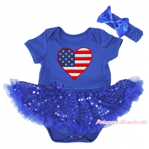 American's Birthday Royal Blue Baby Bodysuit Jumpsuit Bling Sequins Pettiskirt & Patriotic American Heart Print JS5246
