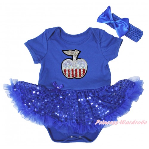 American's Birthday Royal Blue Baby Bodysuit Jumpsuit Bling Sequins Pettiskirt & Patriotic Apple Print JS5248