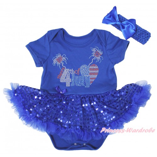 American's Birthday Royal Blue Baby Bodysuit Jumpsuit Bling Sequins Pettiskirt & Sparkle Rhinestone 4th Of July Print JS5250