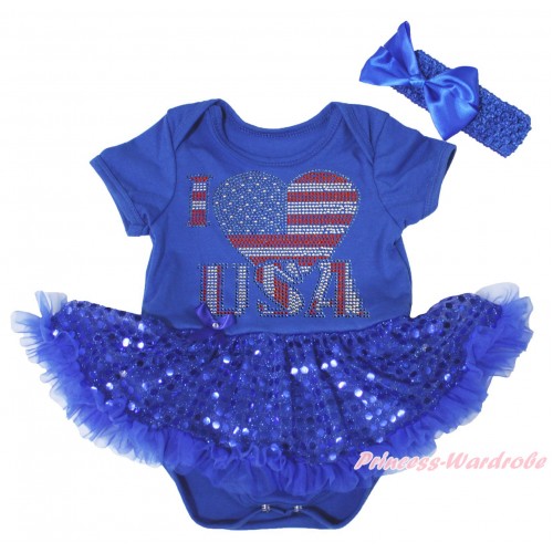 American's Birthday Royal Blue Baby Bodysuit Jumpsuit Bling Sequins Pettiskirt & Sparkle Rhinestone I Love USA Heart Print JS5251