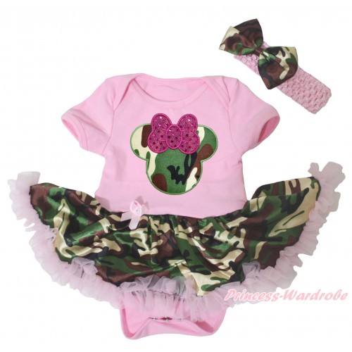 Light Pink Baby Bodysuit Light Pink Camouflage Pettiskirt & Sparkle Hot Pink Camouflage Minnie Print JS5254