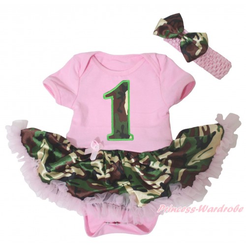 Light Pink Baby Bodysuit Light Pink Camouflage Pettiskirt & 1st Camouflage Birthday Number Print JS5255