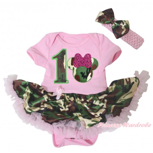Light Pink Baby Bodysuit Light Pink Camouflage Pettiskirt & 1st Birthday Number Sparkle Hot Pink Camouflage Minnie Print JS5256
