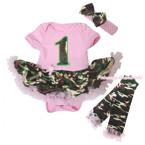 Light Pink Baby Bodysuit Light Pink Camouflage Pettiskirt & 1st Camouflage Birthday Number Print & Warmers Leggings JS5261