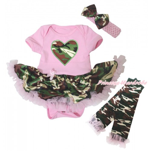 Valentine's Day Light Pink Baby Bodysuit Light Pink Camouflage Pettiskirt & Camouflage Heart Print & Warmers Leggings JS5262