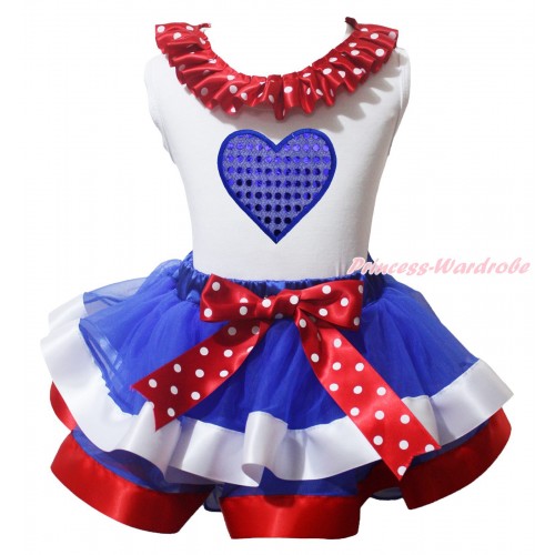 American's Birthday White Pettitop Minnie Dots Lacing & Bow & Sparkle Royal Blue Heart Print & Royal Blue Red White Trimmed Pettiskirt MG2174