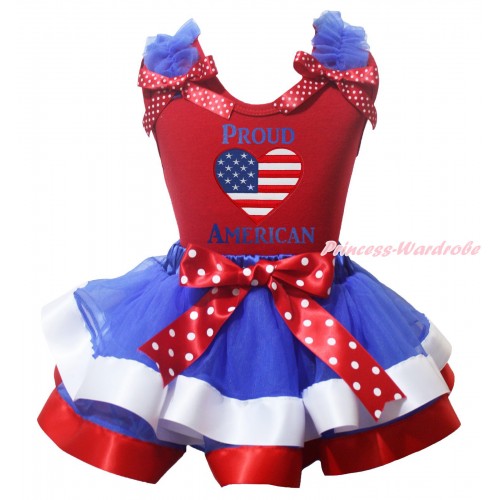 American's Birthday Red Tank Top Royal Blue Ruffles Minnie Dots Bow & Proud American Heart Print & Royal Blue White Red Trimmed Pettiskirt MG2183