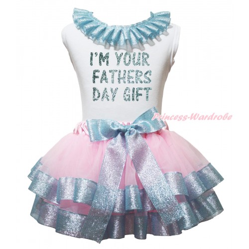 Father's Day White Baby Pettitop Sparkle Blue Lacing & I'm Your Fathers Day Gift Painting & Light Pink Sparkle Blue Trimmed Newborn Pettiskirt NG2075