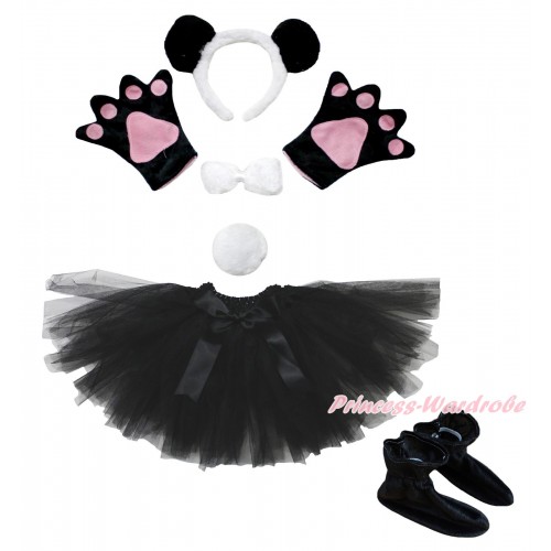 Black White Panda 4 Piece Set in Headband, Tie, Tail , Paw & Shoes & Black Ballet Tutu & Bow PC103