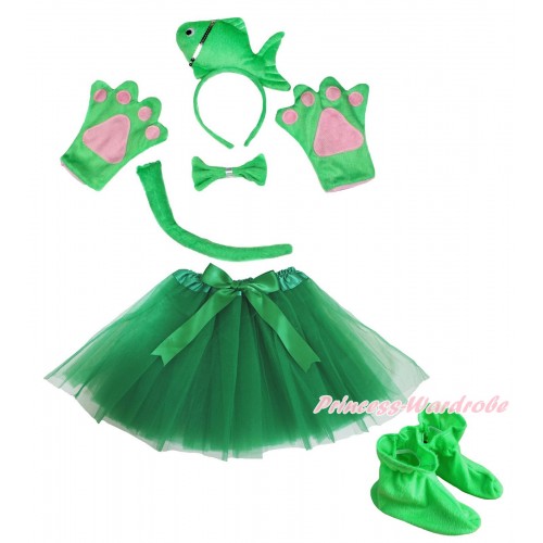 Green Sea Fish 4 Piece Set in Ear Headband, Tie, Tail , Paw & Shoes & Kelly Green Ballet Tutu & Bow PC108