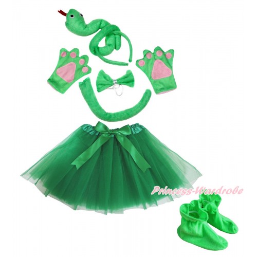 Green Snake 4 Piece Set in Ear Headband, Tie, Tail , Paw & Shoes & Kelly Green Ballet Tutu & Bow PC109