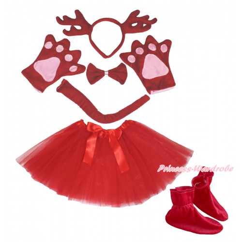 Xmas Red Reindeer 4 Piece Set in Ear Headband, Tie, Tail , Paw & Shoes & Red Ballet Tutu & Bow PC117