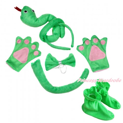 Green Snake 4 Piece Set in Ear Headband, Tie, Tail , Paw & Shoes PC124