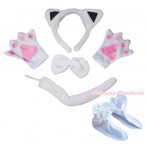 White Cat 4 Piece Set in Headband, Tie, Tail , Paw & Shoes PC128