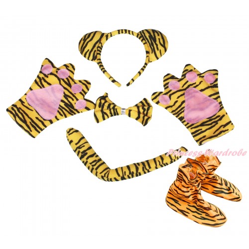 Tiger 4 Piece Set in Ear Headband, Tie, Tail , Paw & Shoes PC140