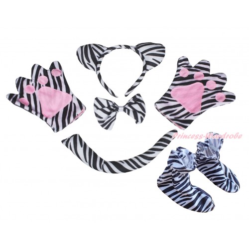 Zebra 4 Piece Set in Ear Headband, Tie, Tail , Paw & Shoes PC141