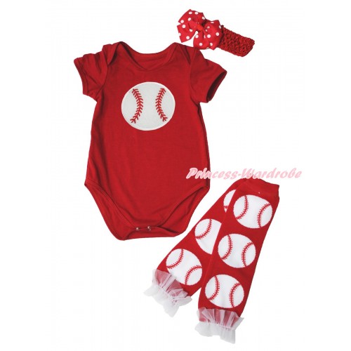 Red Baby Jumpsuit & Baseball Print & Headband & Warmer Set TH675