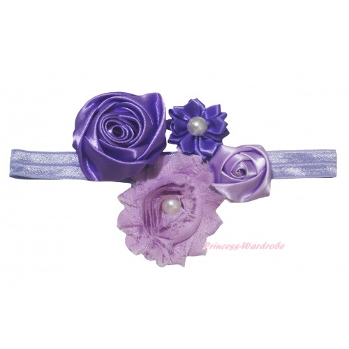 Light Purple Headband & Bunch Of Light Dark Purple Vintage Garden Pearl Rosettes Flower H1060