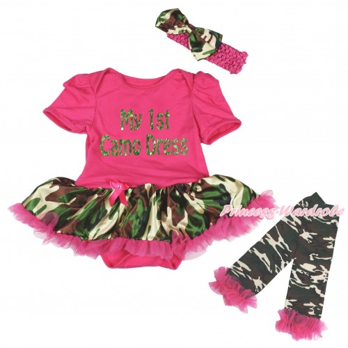 Hot Pink Baby Bodysuit Jumpsuit Hot Pink Camouflage Pettiskirt & My 1st Camo Dress Painting & Warmers Leggings JS5425
