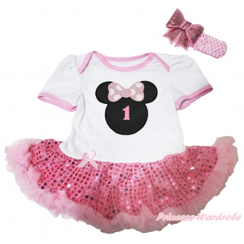 White Baby Bodysuit Sparkle Light Pink Sequins Pettiskirt & 1st Birthday Number Light Pink Minnie Print JS5429