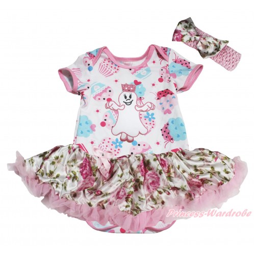 White Cake Baby Bodysuit Light Pink Rose Fusion Pettiskirt & Princess Ghost Print JS5433