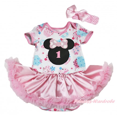 White Cake Baby Bodysuit Light Pink Satin Pettiskirt & 1st Birthday Number Light Pink Minnie Print JS5442