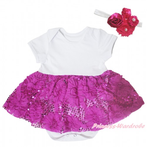White Baby Bodysuit Dark Purple Bling Sparkle Sequins Rose Pettiskirt JS5447